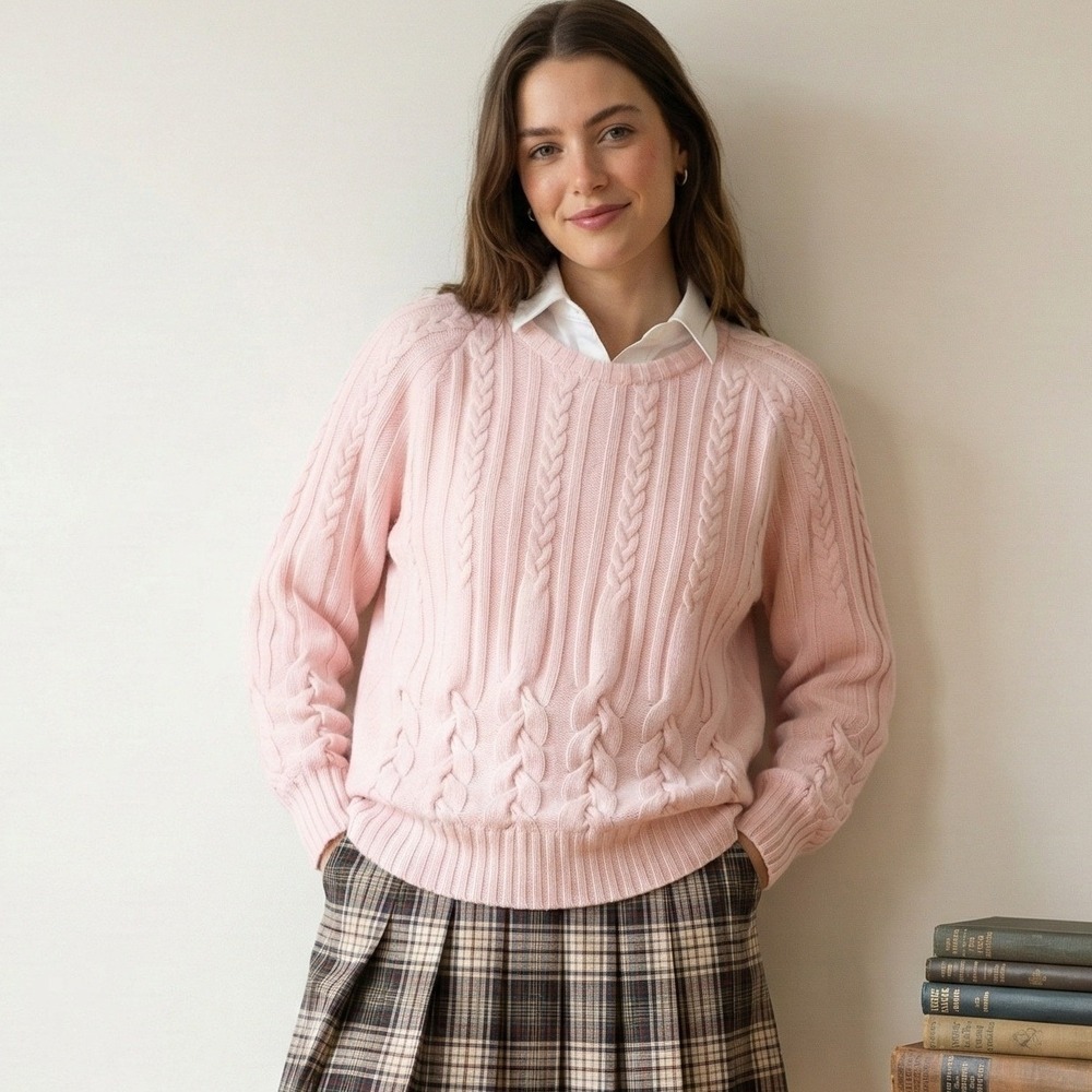 Vintage Alan Austin Cashmere Cable Knit Sweater Womens Medium Light Pink Knit‎